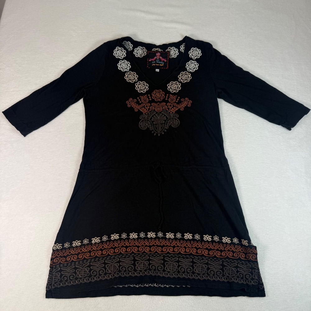 JW Los Angeles Embroidered Tunic Dress Womens Medium Black Cotton Boho Floral M